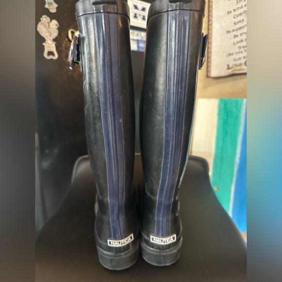 51. Nautica Rubber Rain Blue Boots with Silver Nautica Emblem on the Side - Picture 2 of 7